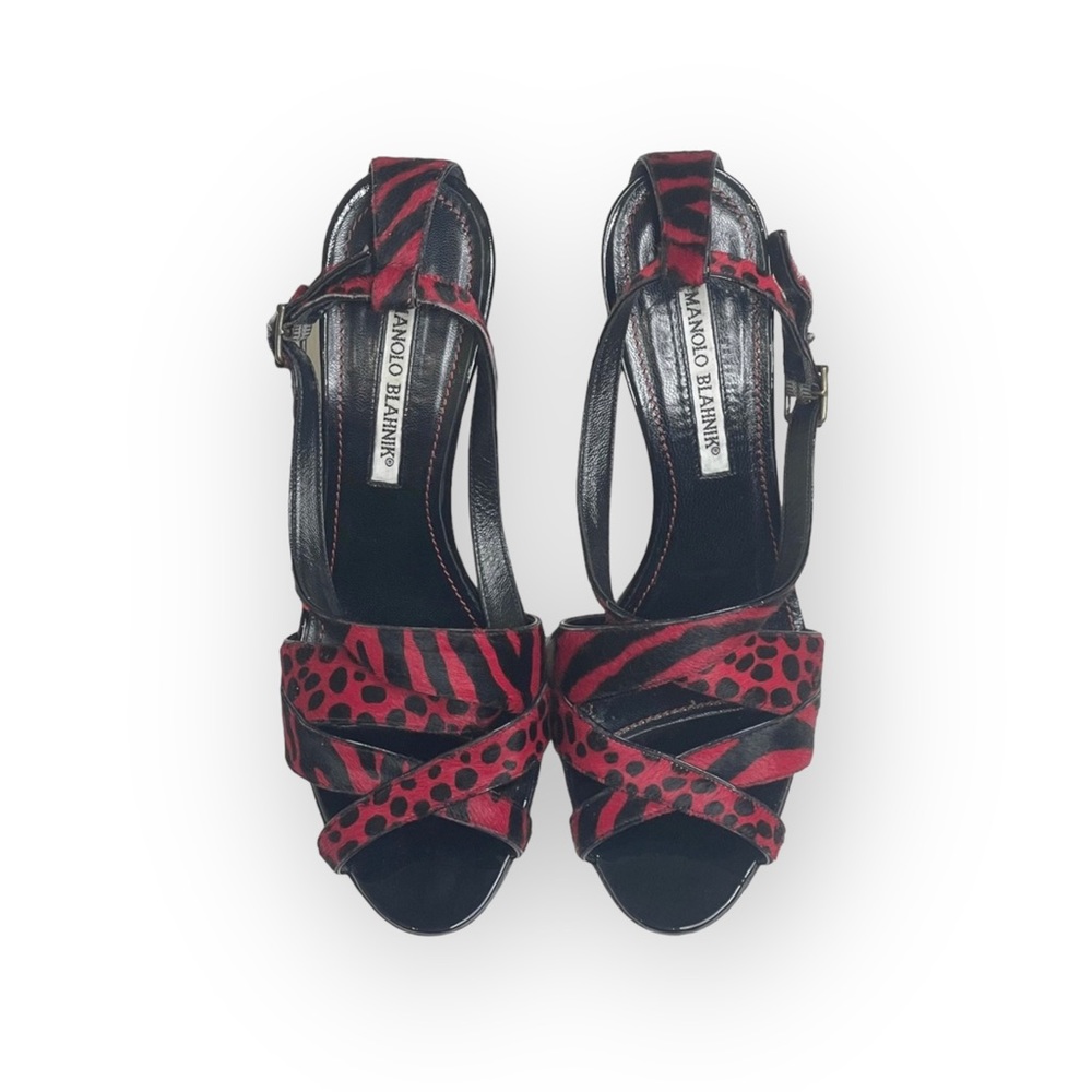 Manolo Blahnik โ Animal Printed Calf Hair Slingback Stiletto Sandals โ Black Red - Picture 9 of 17